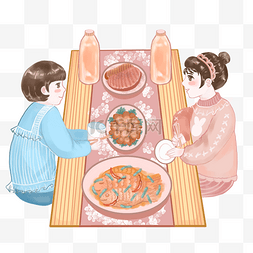 聚餐人物插画图片_手绘冬季美食聚会