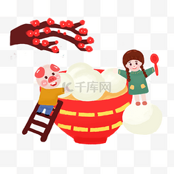 春节梅花卡通图片_正月十五吃元宵的小女孩和可爱猪