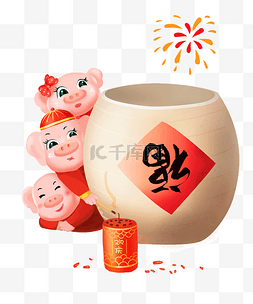 新年快乐卡通猪图片_猪年吉祥物猪猪放鞭炮过新年祝福