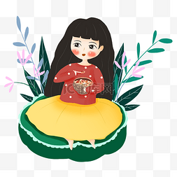 手绘红色衣服图片_腊八节吃粥的女孩插画