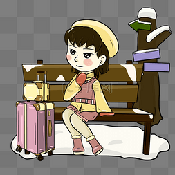 褐色行李箱图片_冬季旅行坐在凳子上的小女孩