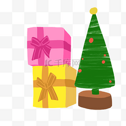 圣诞快乐英文字母图片_圣诞节礼物盒子圣诞树插画素材