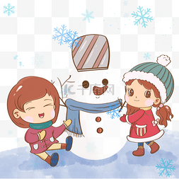 两个雪人图片_冬季场景两个女孩快乐的堆雪人