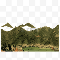 绿色水墨山水图片_水墨山水国画PNG春天原野村庄盆地