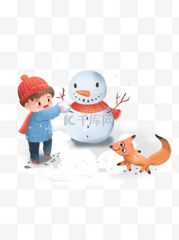 冬季堆雪人童话故事插画