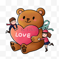 情侣甜蜜插画图片_情人节情侣和大熊玩偶PNG免抠素材