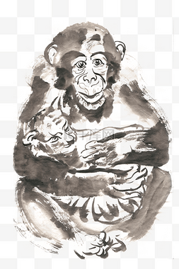 抱豹子的猩猩水墨画PNG免抠素材