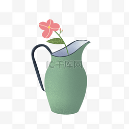 写实清新的创意绿色水壶与花朵