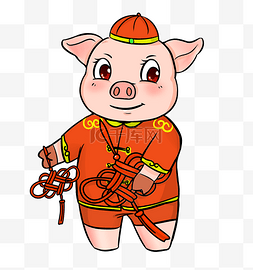 属相插画图片_猪年吉祥物猪猪中国结插画
