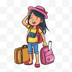 可爱的行李箱图片_外出旅游的小女孩免抠图