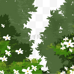 卡通草丛花朵图片_春季白花绿草丛手绘卡通png素材