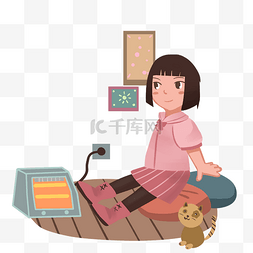 小女孩和小猫咪图片_室内取暖人物和小猫咪