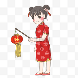 欢喜图片_新年旗袍灯笼女孩PNG