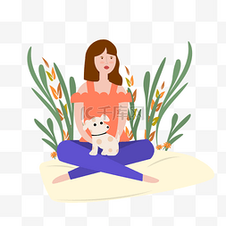 狗狗坐着图片_卡通风抱着宠物的女孩