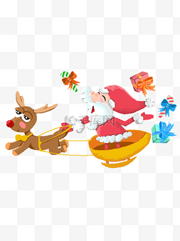 圣诞老人拉图片_手绘卡通圣诞老人拉着麋鹿奔跑元