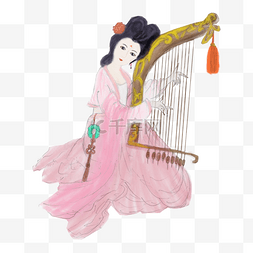 卡通手绘中国风古典弹竖琴的美女