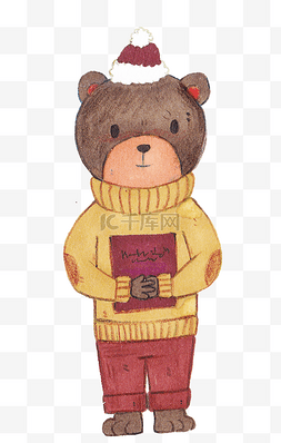 手绘水彩穿冬装的熊熊插画