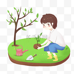小清新绿色森林图片_植树节手绘小清新蹲下种树的男孩