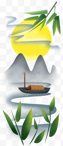 杭州西湖水彩图片_中秋节简单风月亮和船只