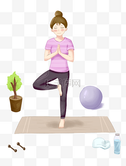 瑜伽垫瑜伽球图片_练瑜伽的女孩卡通插画