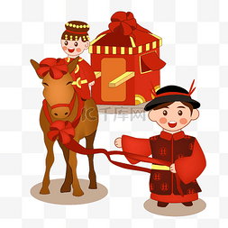 红色主题插画图片_中国风婚礼手绘卡通插画