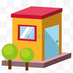 圆形小树木图片_黄色2.5D小房子插画