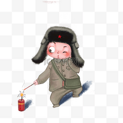 新中国复古图片_可爱新年小人军大衣复古放鞭炮PNG