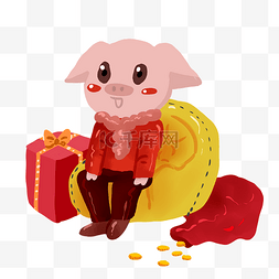手绘坐黄金沙发的小猪插画