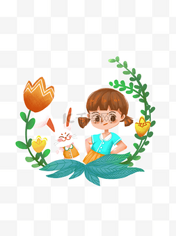 女孩和兔子图片_处暑植物插画女孩和兔子