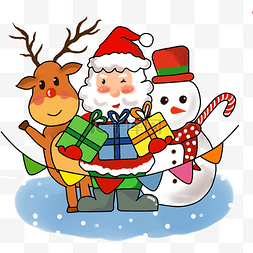 圣诞老人鹿雪人图片_圣诞老人鹿和雪人手绘卡通人物PNG