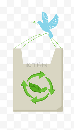 环保袋插画图片_蓝色小鸟与环保袋