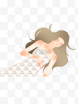 躺着睡觉的穿碎花吊带裙的卡通女