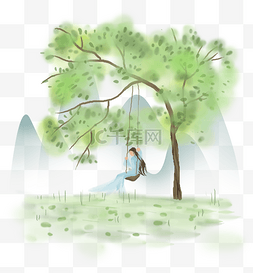 同学在树下陪伴图片_春天树下荡秋千的古代少女