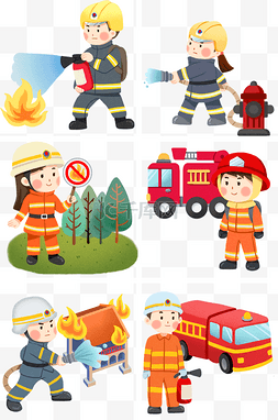 消防员插画图片_手绘消防员灭火插画