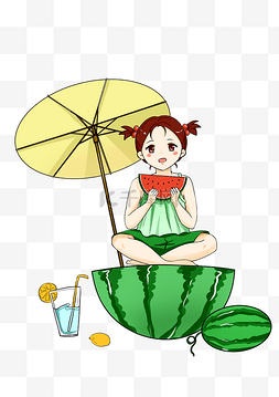 遮阳伞插画图片_夏季小暑吃西瓜女孩插画