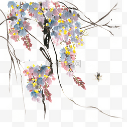 紫荆花与蜜蜂水墨画PNG免抠素材