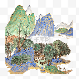 水墨山水翠色蓝色金线国画PNG