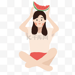 夏天吃瓜乘凉的卡通女孩