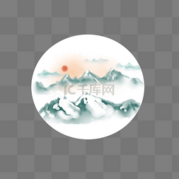 红色的太阳卡通图片_水墨冬日雪景插画