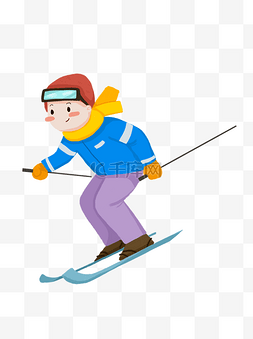 手绘卡通急速滑雪的男孩