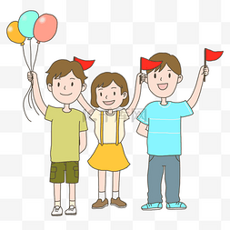 国庆气球图片_国庆节手绘插画中小学生举旗子迎