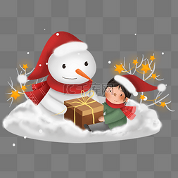 雪地星星图片_圣诞节拆礼物的雪人和儿童