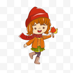 秋季树叶插画图片_手绘卡通可爱秋天拿着叶子的女孩