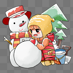 手绘卡通可爱的冬季小孩堆雪球插