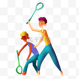 卡通手绘打网球的运动人员