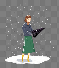冬季下雪打伞撑伞女孩