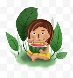 手绘吃西瓜的图片_大暑手绘吃西瓜的女孩