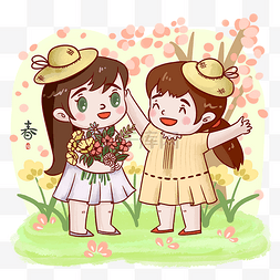 春天小女孩和小伙伴野外游玩摘花