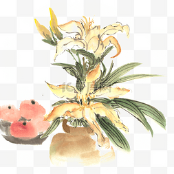 黄色花卉与柿子水墨画PNG免抠素材