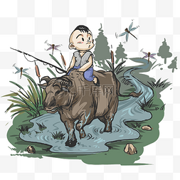 卡通牧童图片_水墨中国风清明节春天骑着牛的牧